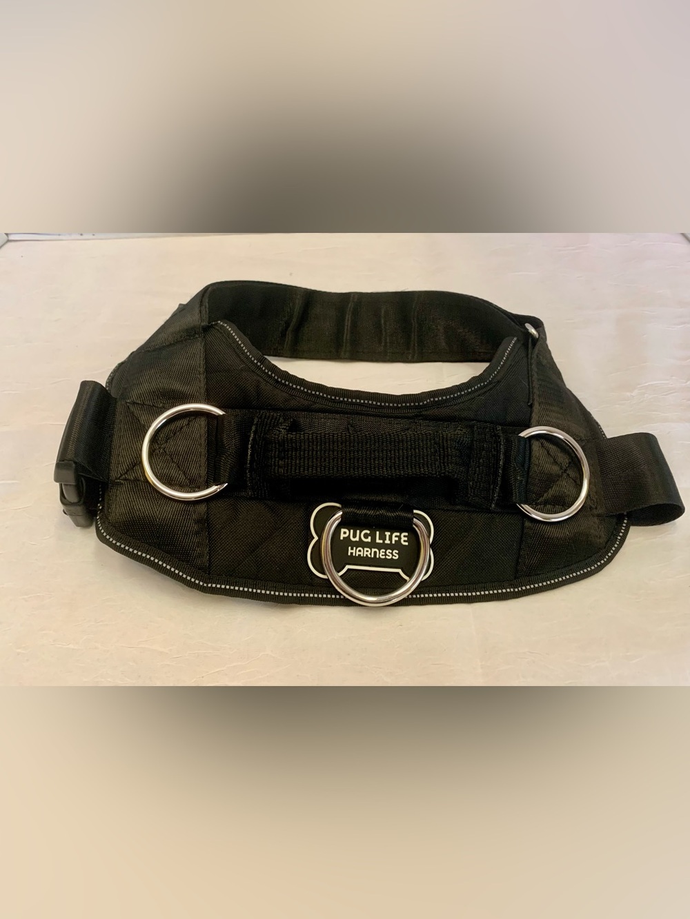 PUG LIFE DOG CANINE HARNESS LARGE BLACK NYLON NO-PULL 3-POINT RINGS